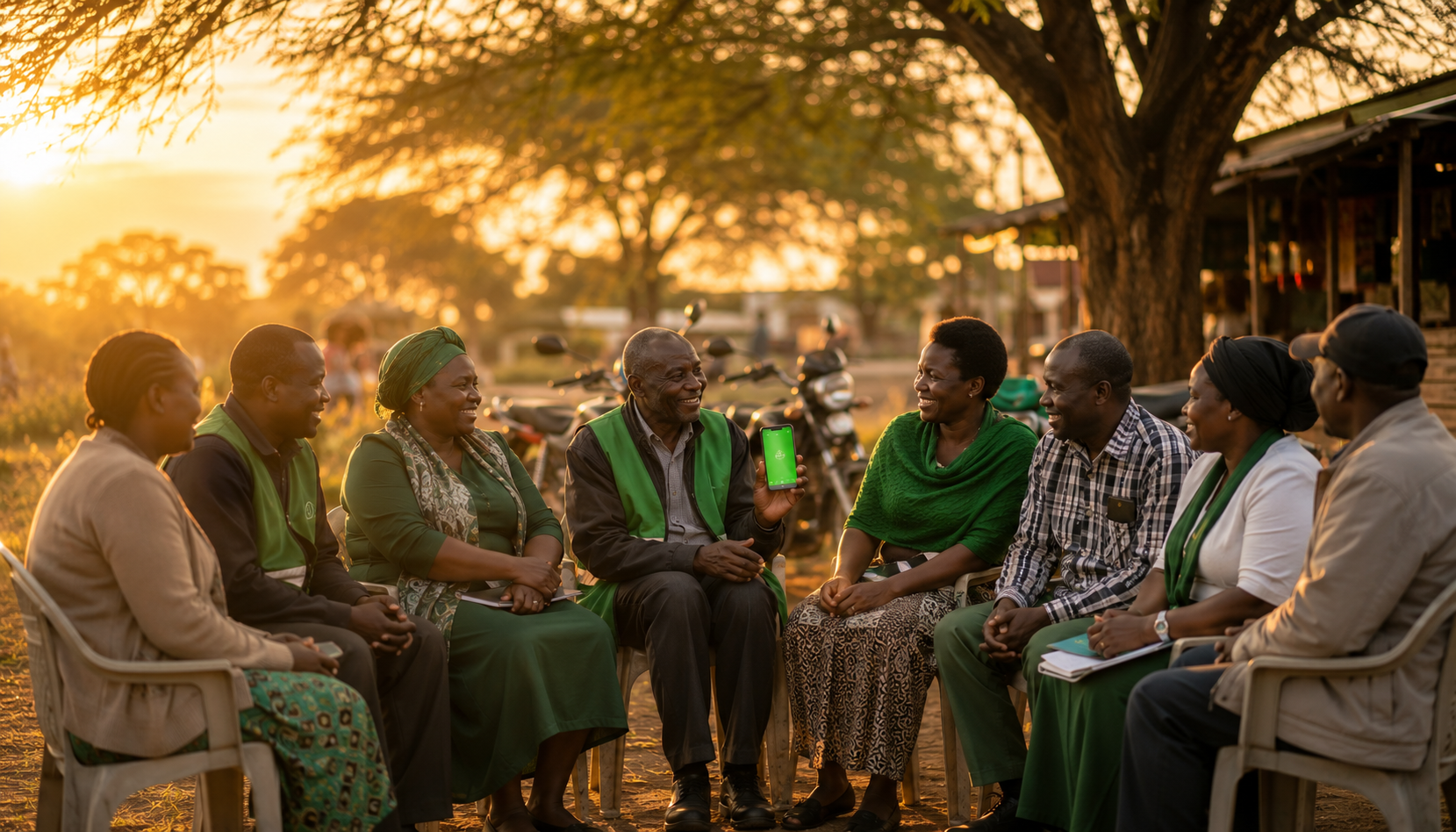 A SACCO committee meeting under a tree, reviewing approvals on a phone