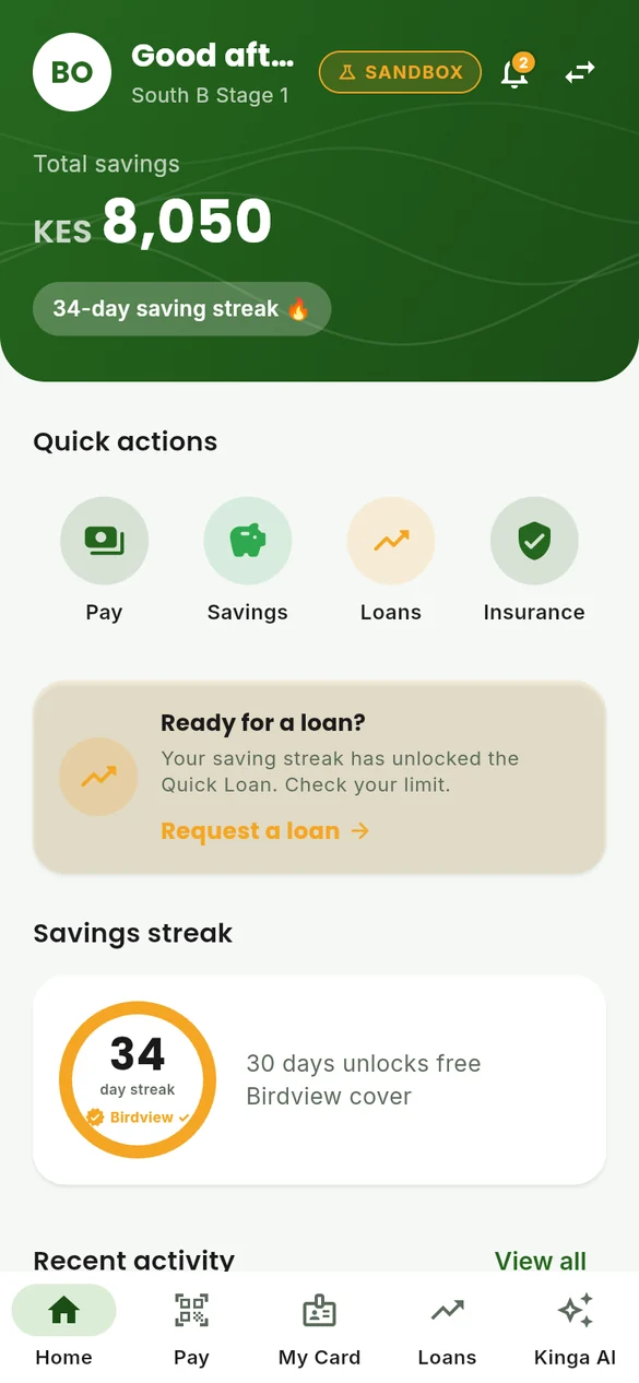 Member dashboard with balance and savings streak